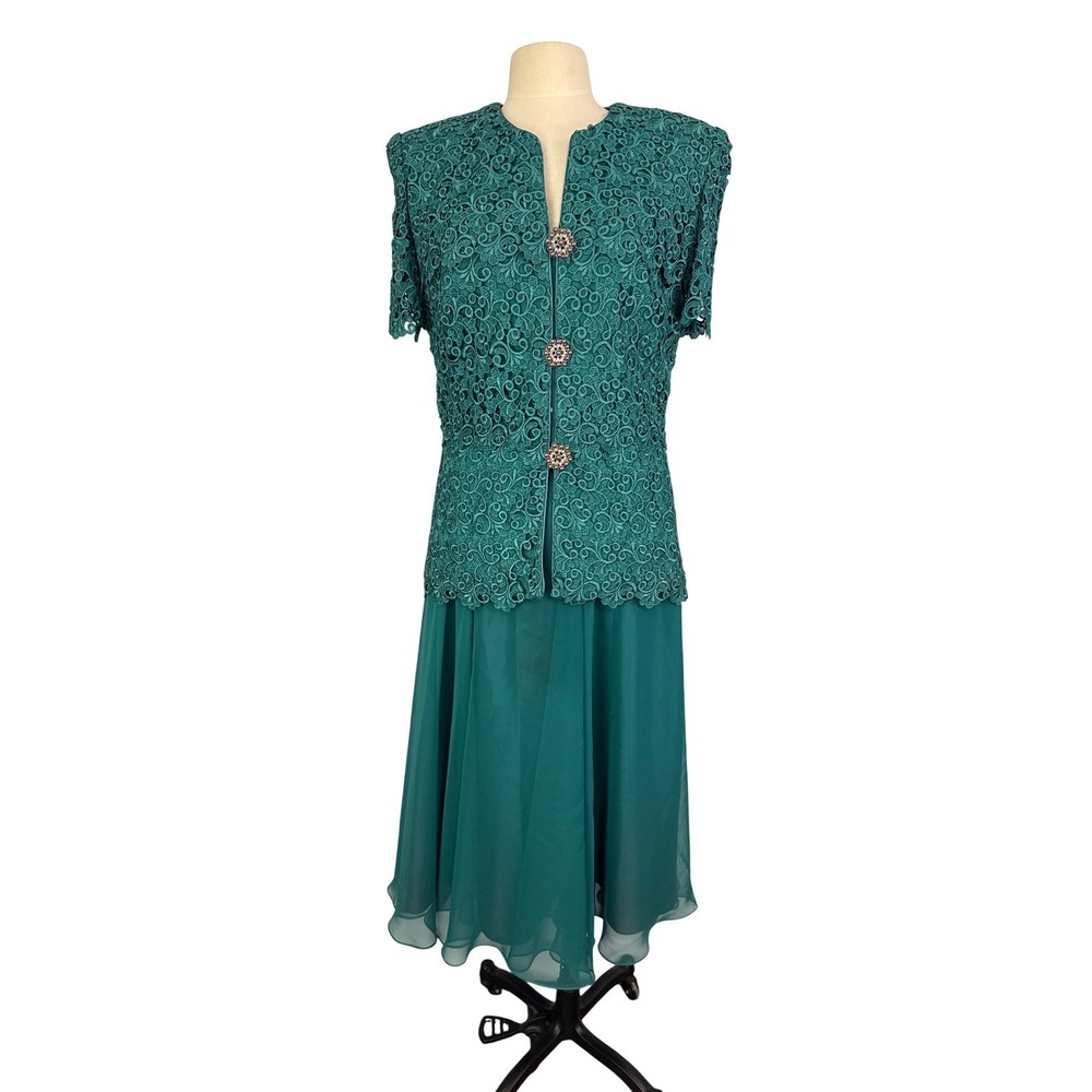 Karen Lawrence Vintage Teal Lace Skirt Set 2pc‎ Jacket Midi Skirt Green Sz 12